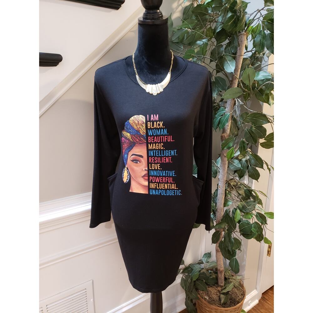 Womens Shirt Dress Size M Black Graphic Print Long Sleeve Loose Pockets Pullover